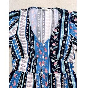 Springfield Women S Maxi Dress Blue Floral Paisley Button Front Boho V Neck Airy